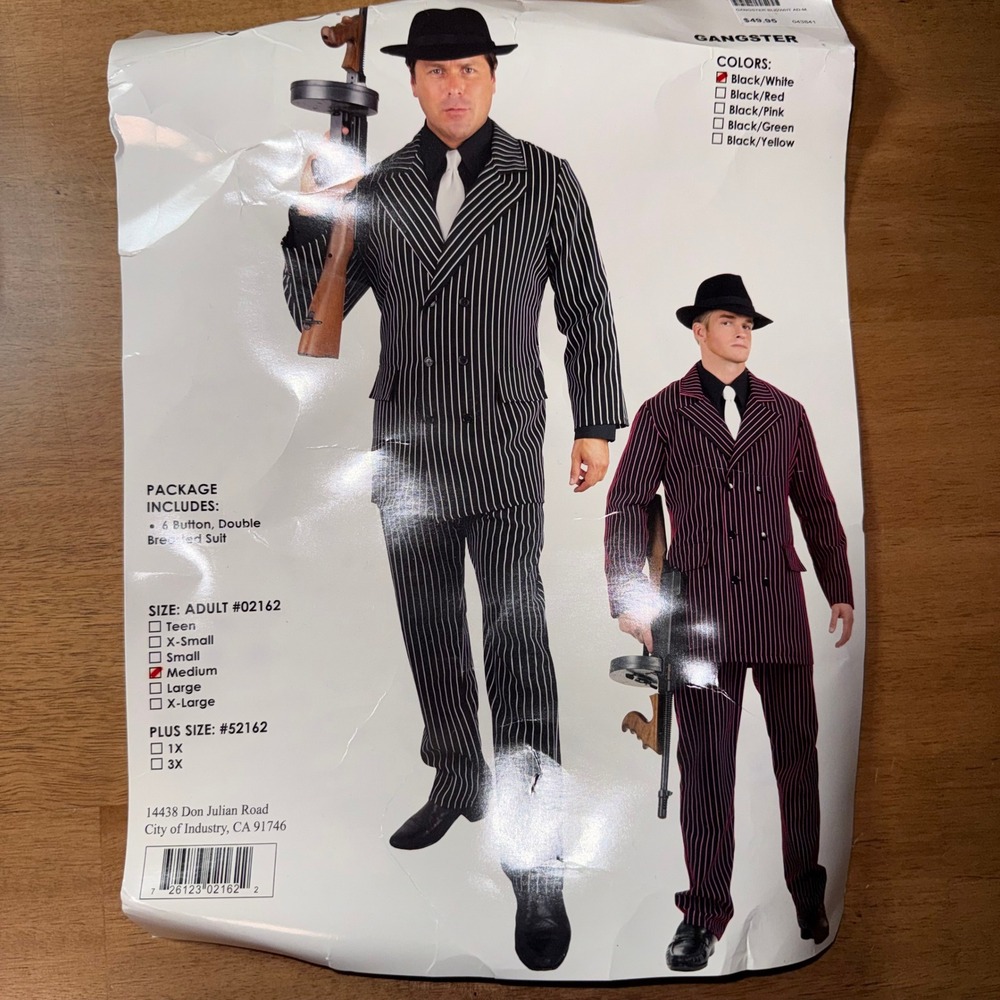 Charades Gangster Costume Mens Black White Pinstripe Suit 02162 2pc Set M